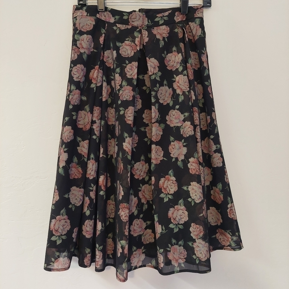 Ro & De Black Pink‎ Skirt Floral Lined Mesh Pleated Tapestry Look Circle Swing
